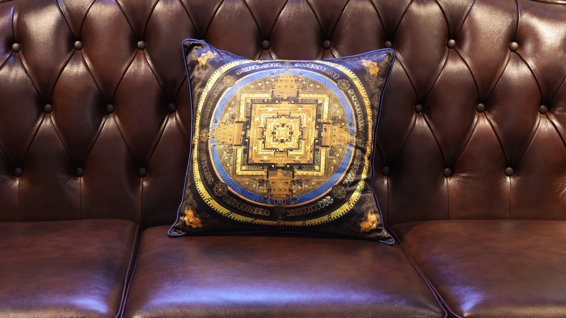 Black Gold Blue Realm Mandala Cushion