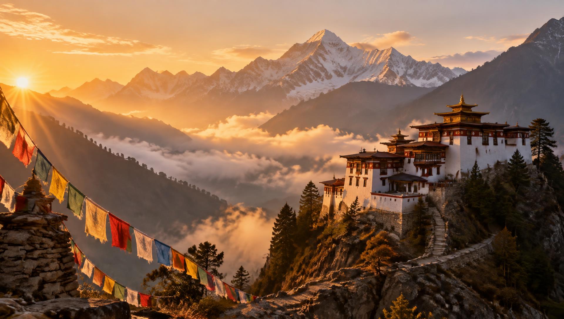 Himalayan monastery and prayer flags at sunrise