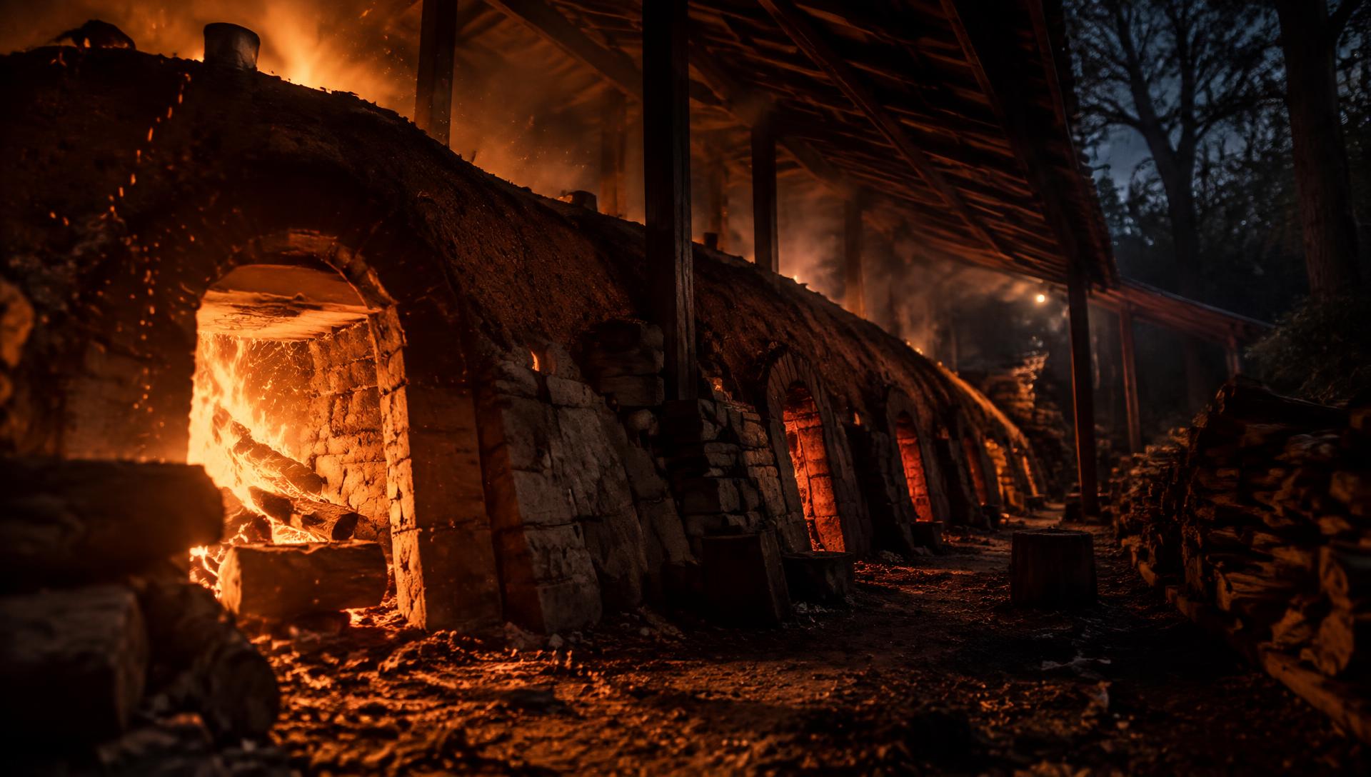 Wood-fired climbing kiln burning at night