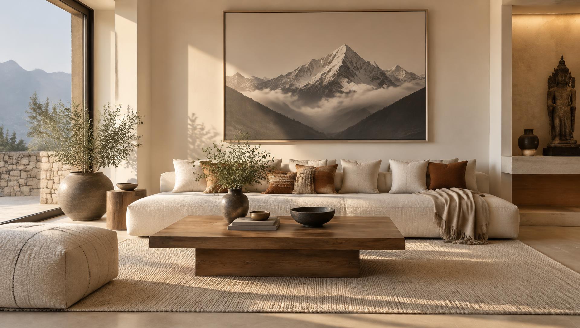 Warm ivory living room styled with cushions