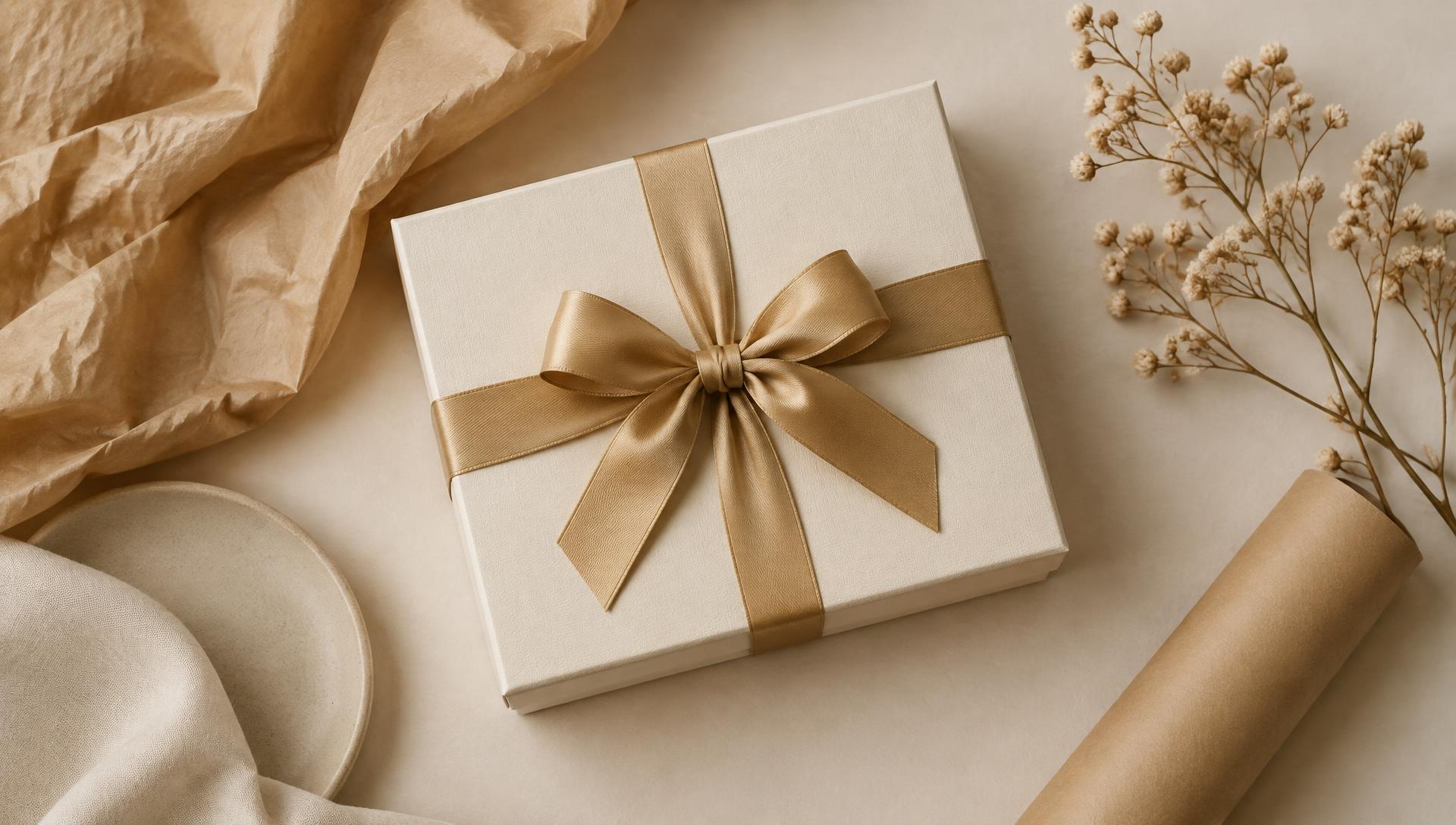 Cream gift box with gold ribbon and kraft paper