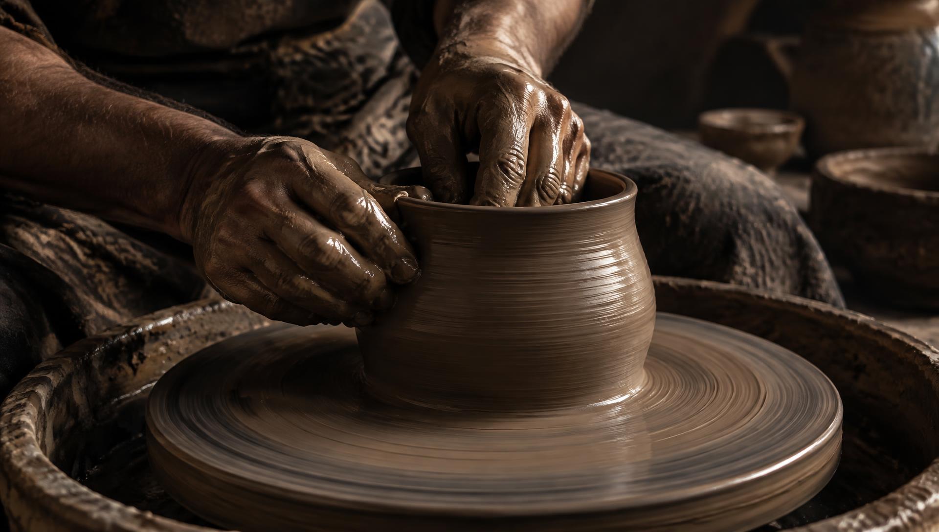 Potter's hands shaping clay on a wheel