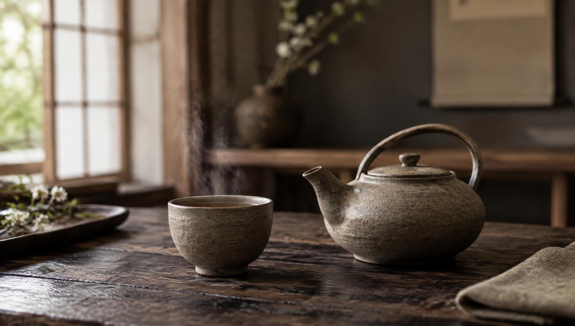 Unglazed stoneware teapot and cup with rising steam